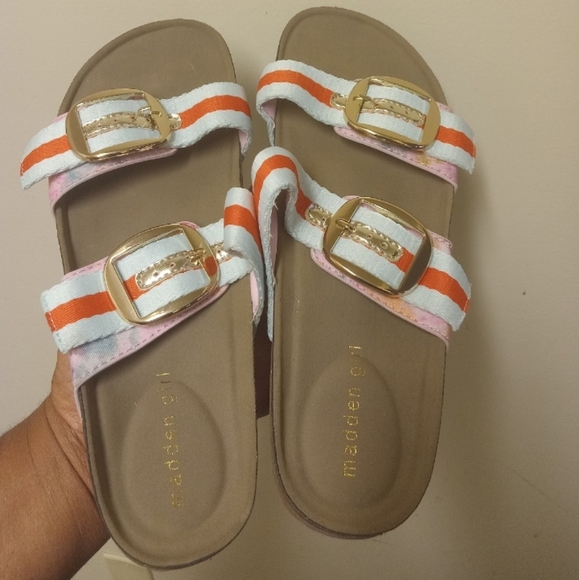 Madden Girl Shoes - Madden Girl Women's Blue/ Orange Striped Slides SANDALS Size 9M